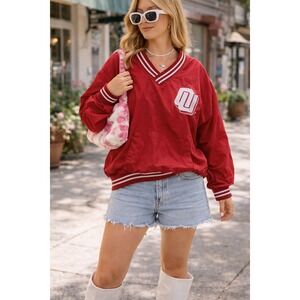 Oklahoma Sooners Red‎ V-Neck Windbreaker Pullover Jacket Women Small OU Logo